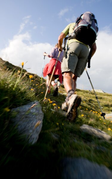 Wanderer auf Blumenwiese | © Georg Tappeiner